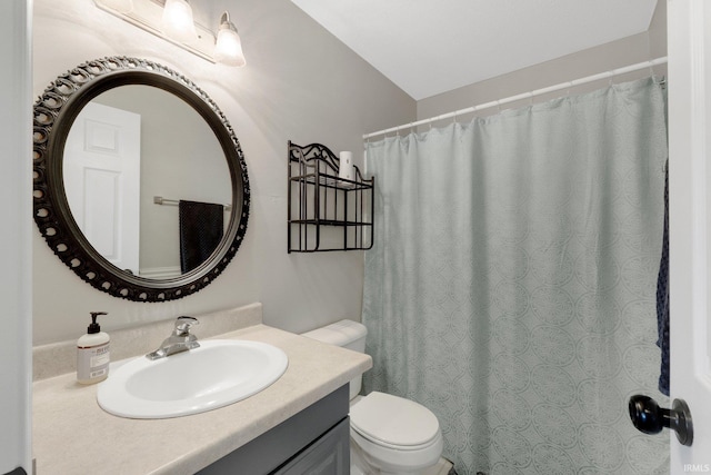 full bath with toilet, a shower with curtain, and vanity