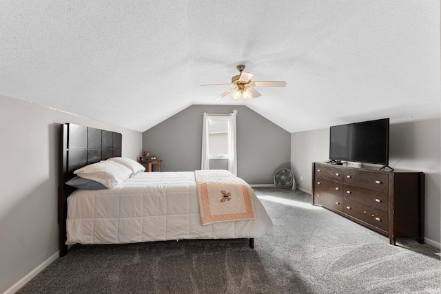 bedroom with carpet, baseboards, vaulted ceiling, and a textured ceiling