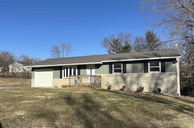 single story home with a garage, driveway, a chimney, roof with shingles, and a front yard