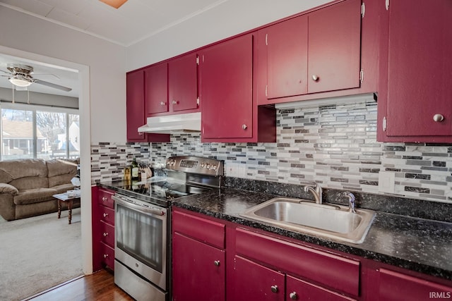 kitchen featuring stainless steel electric range oven, a sink, red cabinets, and under cabinet range hood