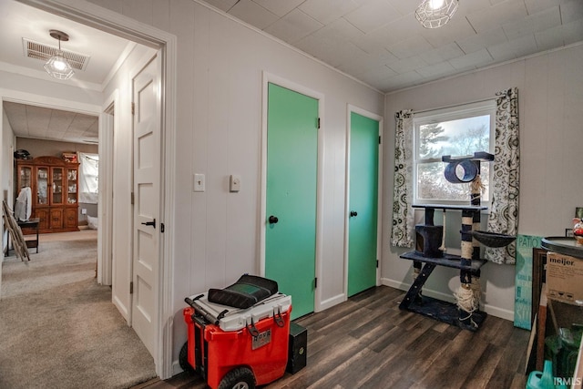 interior space featuring dark wood-style floors, visible vents, and baseboards