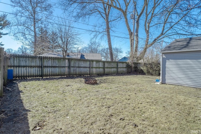 view of yard featuring an outdoor fire pit and a fenced backyard