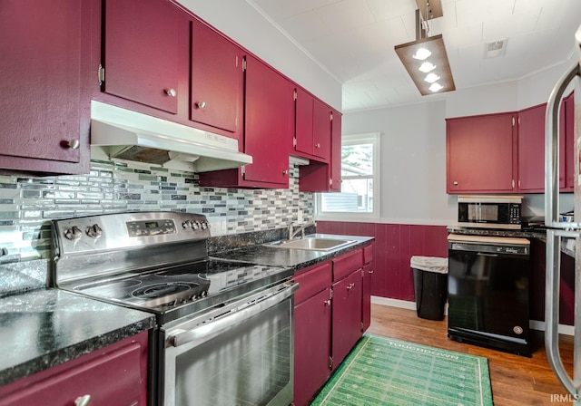 kitchen featuring under cabinet range hood, appliances with stainless steel finishes, a sink, and red cabinets