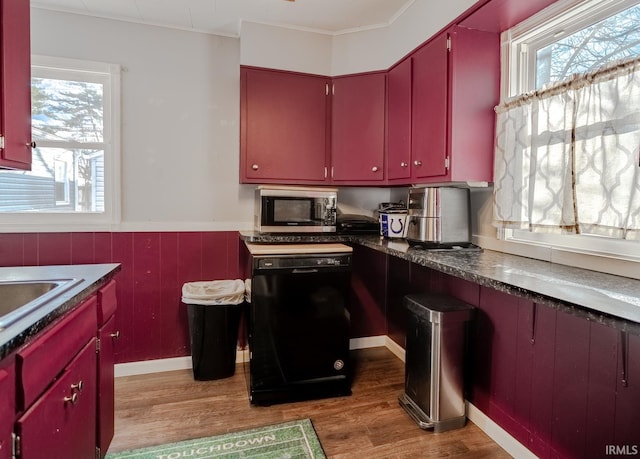 kitchen featuring red cabinetry, wainscoting, dishwasher, stainless steel microwave, and plenty of natural light