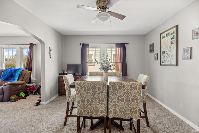 dining room featuring carpet floors, a healthy amount of sunlight, baseboards, and arched walkways