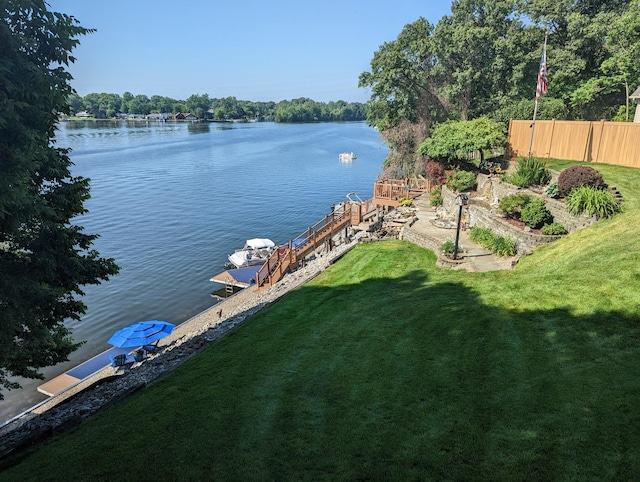 water view with a boat dock and fence