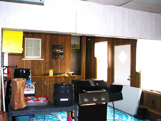 interior space featuring wooden walls