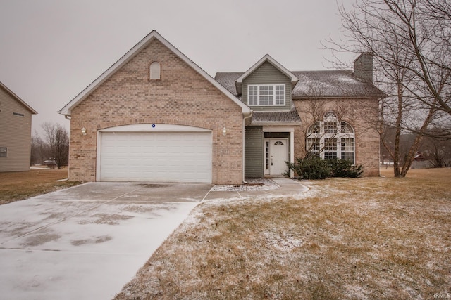 view of front of house featuring a garage, driveway, a shingled roof, a chimney, and brick siding