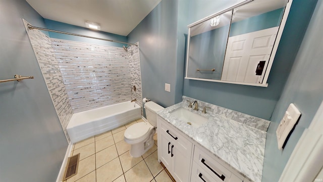 bathroom featuring shower / bath combination with curtain, visible vents, toilet, vanity, and tile patterned flooring