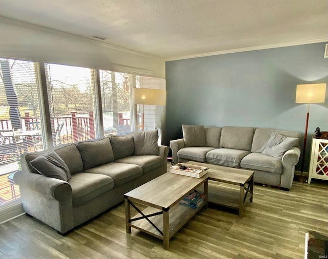 living room featuring crown molding, visible vents, and wood finished floors