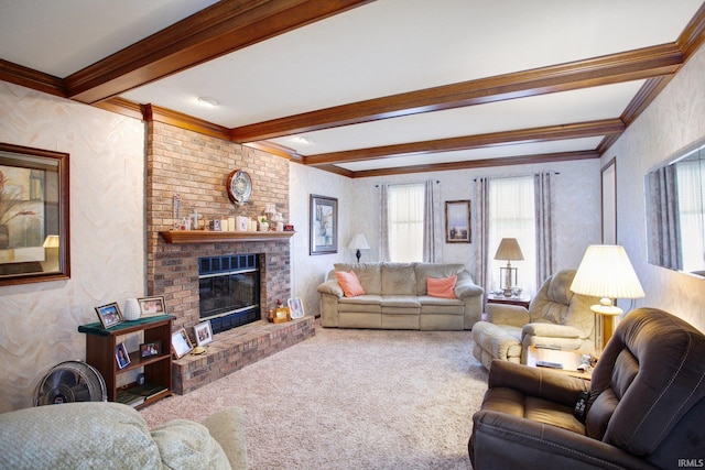 living room with a brick fireplace, carpet flooring, beam ceiling, and crown molding