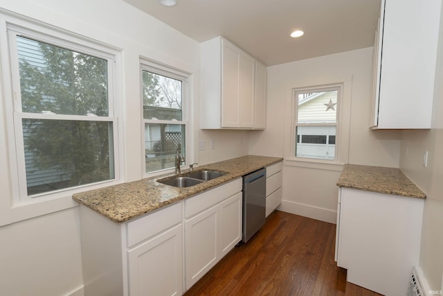 kitchen with light stone counters, dark wood-style flooring, a sink, white cabinets, and dishwasher