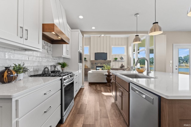 kitchen featuring dark wood-style flooring, backsplash, appliances with stainless steel finishes, a sink, and premium range hood