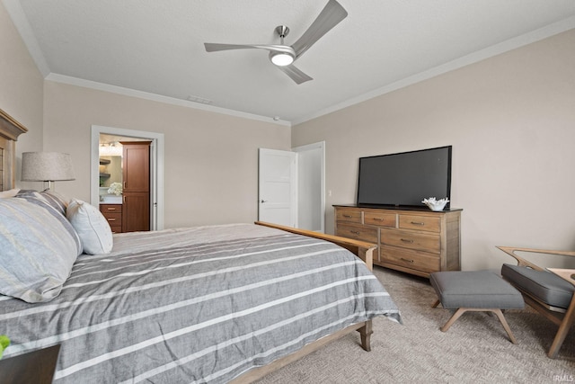 bedroom featuring ceiling fan, carpet, visible vents, and crown molding