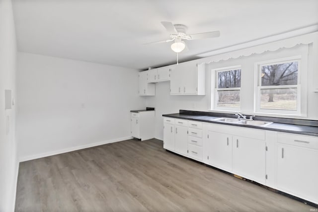 kitchen featuring dark countertops, white cabinetry, ceiling fan, a sink, and wood finished floors