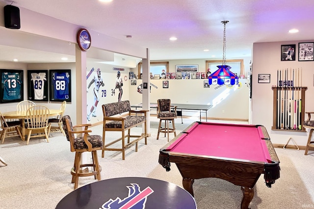 game room featuring baseboards, carpet, billiards, and recessed lighting