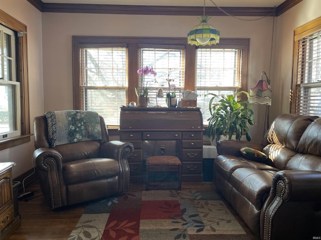 living area with dark wood-style floors and crown molding