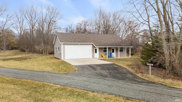 view of front facade featuring aphalt driveway, an attached garage, covered porch, a shingled roof, and a front lawn