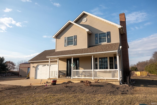 traditional-style home with a porch, an attached garage, concrete driveway, roof with shingles, and a chimney