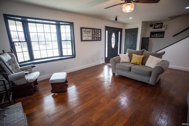 living area with a ceiling fan, recessed lighting, baseboards, and hardwood / wood-style flooring