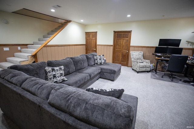 living room with stairs, carpet floors, wainscoting, and recessed lighting