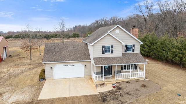 traditional-style house with a garage, a shingled roof, concrete driveway, a chimney, and covered porch