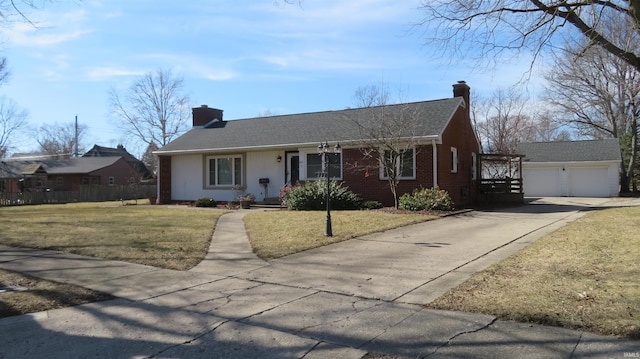 single story home with brick siding, an outdoor structure, a chimney, and a front lawn