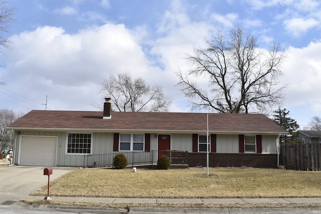 single story home with concrete driveway, fence, a porch, board and batten siding, and brick siding