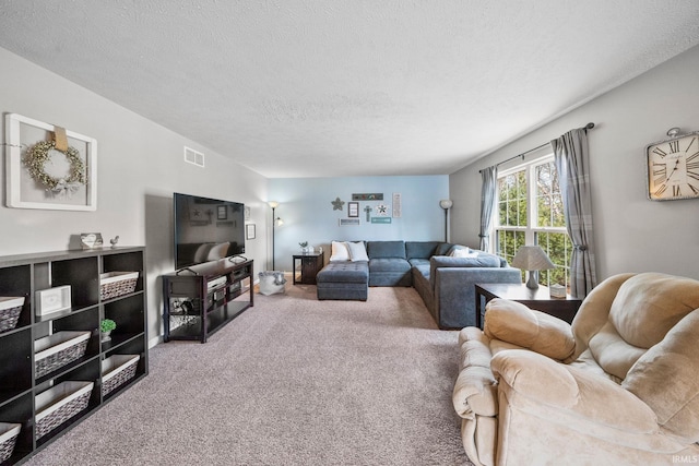 carpeted living area with a textured ceiling and visible vents