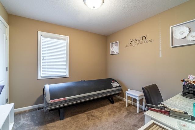 carpeted bedroom with a textured ceiling and baseboards