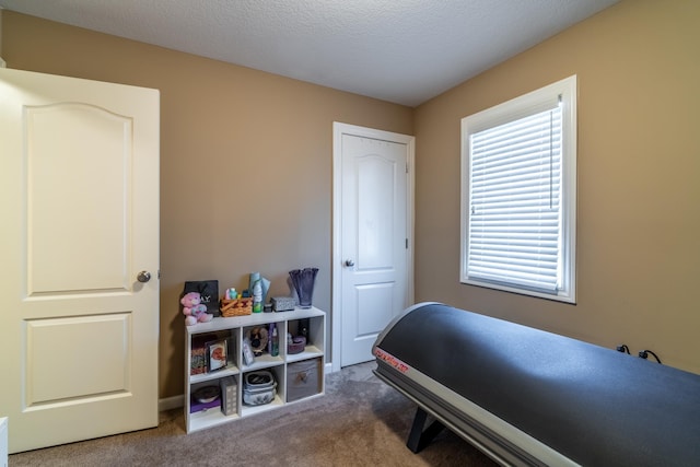 bedroom with a textured ceiling and carpet flooring