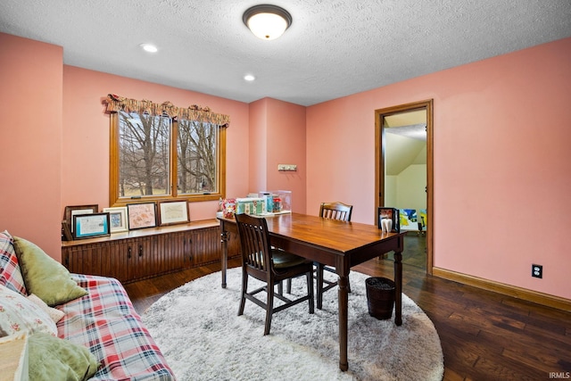 office area with a textured ceiling, baseboards, wood finished floors, and recessed lighting