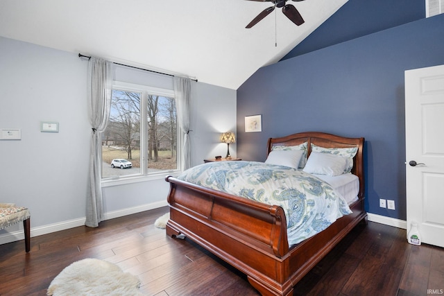 bedroom with lofted ceiling, visible vents, ceiling fan, wood finished floors, and baseboards