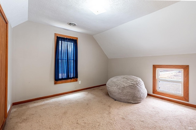 bonus room with a textured ceiling, carpet, lofted ceiling, and baseboards