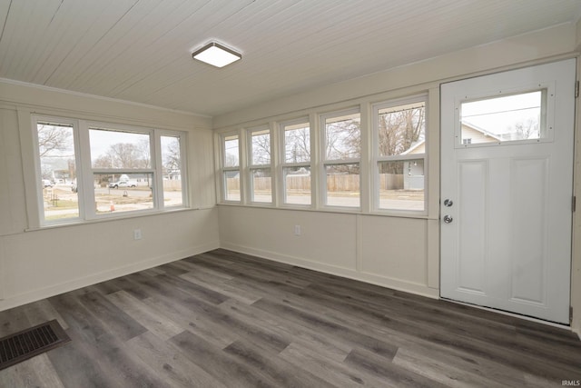 unfurnished sunroom with wooden ceiling and visible vents