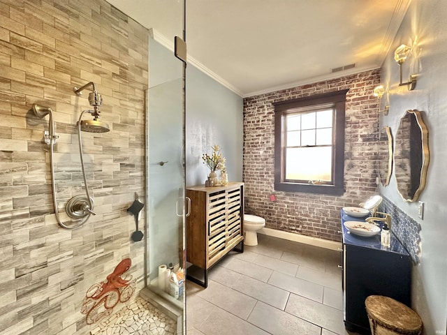 full bath with a stall shower, visible vents, toilet, crown molding, and vanity