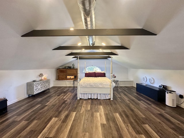 bedroom featuring vaulted ceiling with beams and wood finished floors