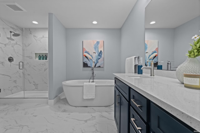 bathroom featuring vanity, visible vents, marble finish floor, a soaking tub, and a marble finish shower