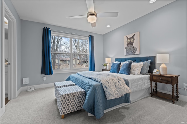 carpeted bedroom featuring recessed lighting, a ceiling fan, and baseboards