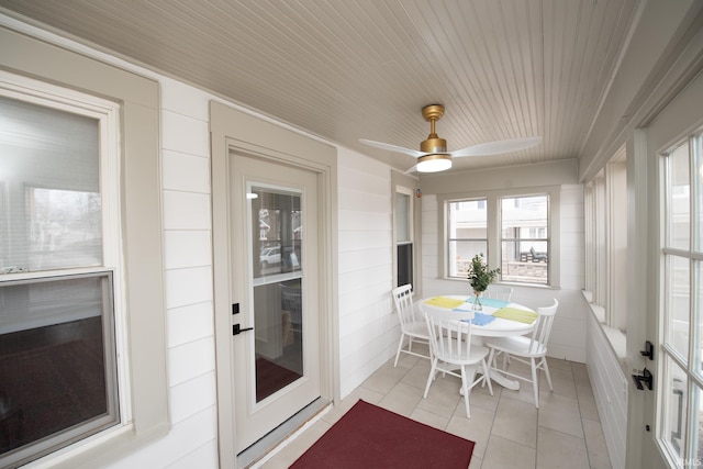 sunroom with wood ceiling and a ceiling fan