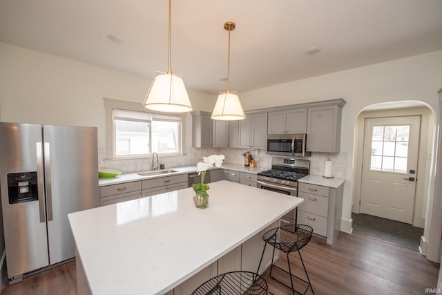 kitchen featuring a sink, stainless steel appliances, backsplash, and gray cabinets