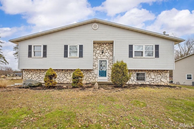 view of front of house with stone siding and a front lawn