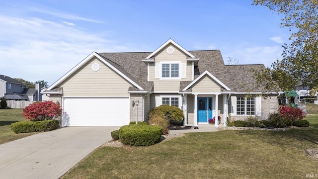 traditional-style house with driveway, a garage, roof with shingles, a front lawn, and brick siding