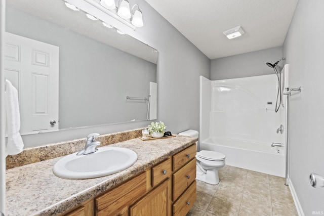 full bath with toilet, tile patterned flooring, shower / washtub combination, and vanity