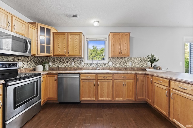 kitchen with dark wood-style floors, a wealth of natural light, visible vents, appliances with stainless steel finishes, and a sink