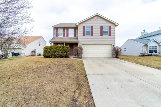 traditional-style house with driveway, an attached garage, cooling unit, and a front yard