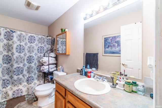 bathroom with toilet, curtained shower, visible vents, and vanity