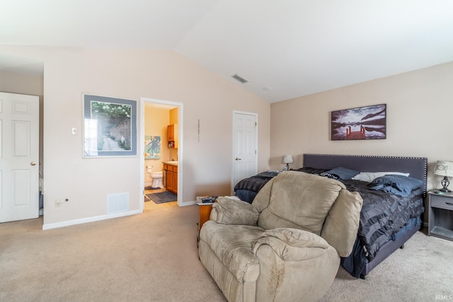 bedroom with vaulted ceiling, baseboards, visible vents, and light colored carpet