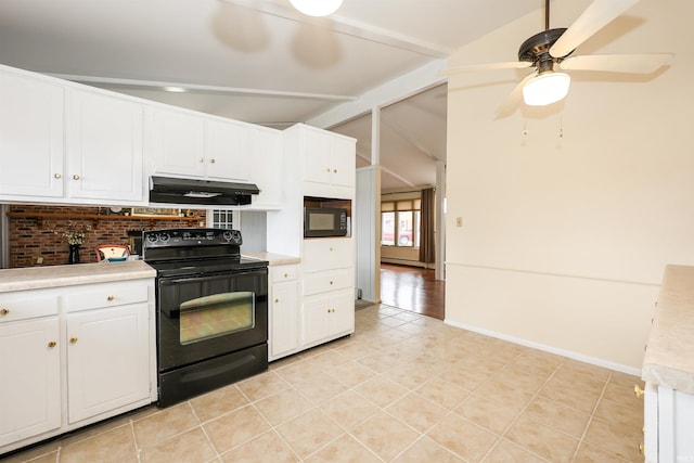 kitchen featuring black appliances, under cabinet range hood, light countertops, and a ceiling fan