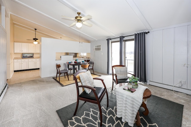 living room with light colored carpet, ceiling fan, vaulted ceiling with beams, baseboard heating, and an AC wall unit